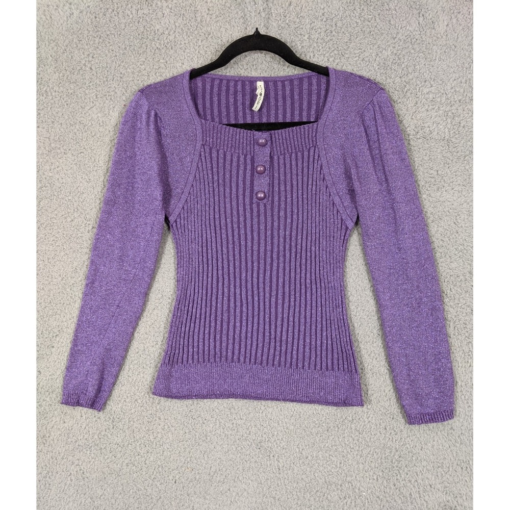 Tessori Sweater Womens M Purple Ribbed Knit Henley Square Neck Cozy Preppy Y2K